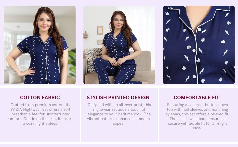 Yazia navy nightwear set features