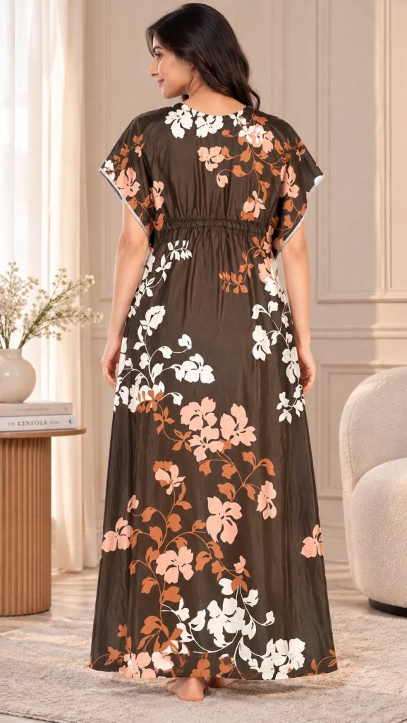 Yazia olive floral print kaftan nighty back view