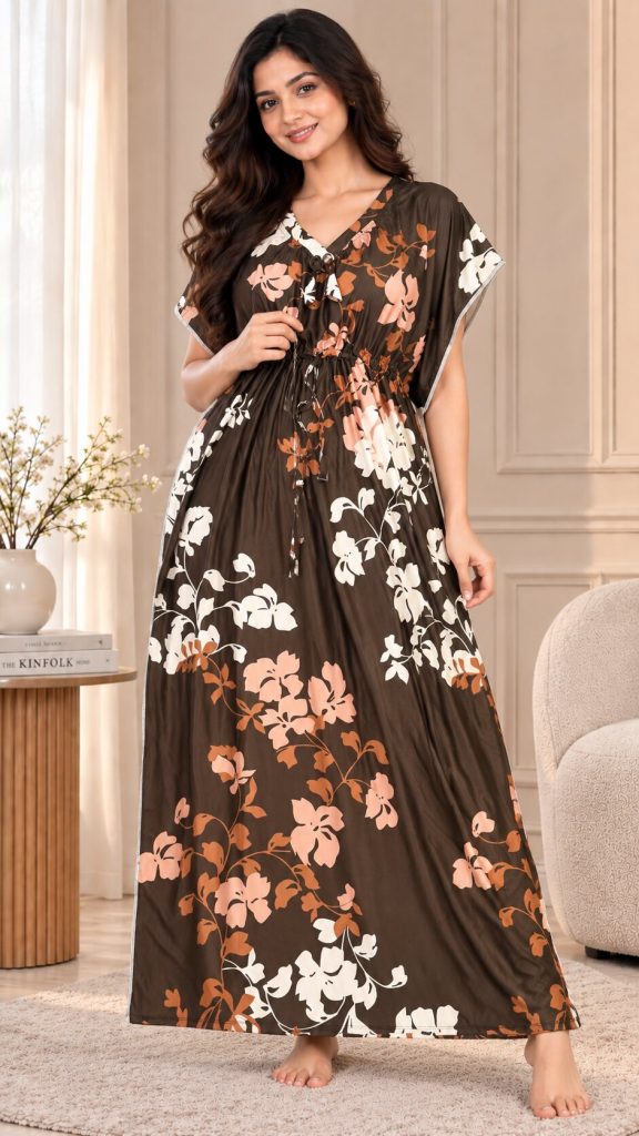 Yazia olive floral print kaftan nighty front view