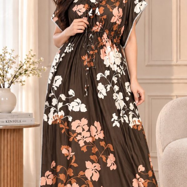Yazia olive floral print kaftan nighty front view