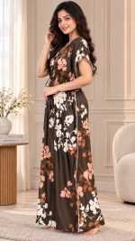 Yazia olive floral print kaftan nighty side view