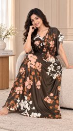Yazia olive floral print kaftan nighty lifestyle shot